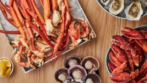 crab claws and oysters on a table